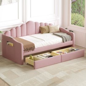 Twin size Upholstered Daybed with 2 Drawers ,Velvet Sofabed with USB Charging Ports,No Box-spring Needed,Pink