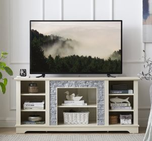 Mantel Stone TV Media Stand with with Faux Stacked Stone Surround, Modern Entertainment Console with Open Storage Space,WHITE, 58.31"W*15.39"D*26