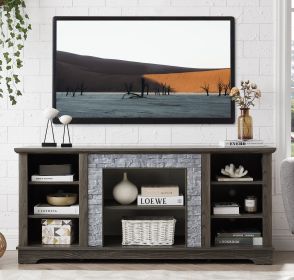 Mantel Stone TV Media Stand with with Faux Stacked Stone Surround, Modern Entertainment Console with Open Storage Space,Grey, 58.31"W*15.39"D*26.
