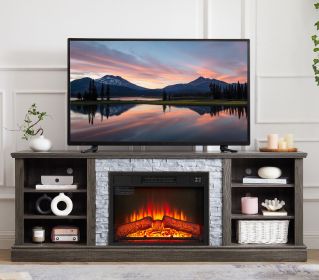 Large TV Desk Storage Rack with Faux Stacked Stone Surround,Media Console Table with Large Storage Cabinet,Modern TV Stand with 23" Fireplace Ins