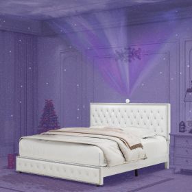 Queen Size Bed Frame with Star Projector Galaxy Light, Adjustable Upholstered Headboard with Diamond Button, USB Charger, Music Speaker, PU Leath