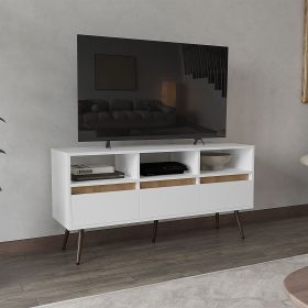 Aranjuez 47" Wide Tv Stand with Three Drawers, Three Open Shelves, Living Room, Tv Room White Natural Oak