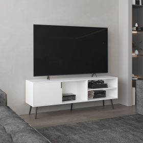 Vulcan 63" Wide Tv Stand with One Cabinet, Three Open Shelves, Cable Management, Living Room, Tv Room White