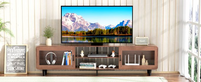 Mid Century Modern TV Stand for 55/60/65/70 Inch TV, Wood Entertainment Center with Power Outlets