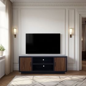 Aria 66 inch TV Stand for TVs up to 80 inches, No Assembly Required, Black and Walnut Finish