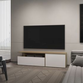 FM FURNITURE Dilkon TV Stand with Drop-Down Door. Hinged Door. Open Shelves.Cable Management. Natural Oak and White