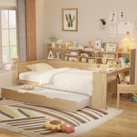 Wooden Twin Size Daybed with Storage Shelves, Multi-functional Bed with Twin Size Trundle Bed and Study Desk, Natural