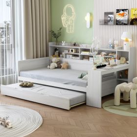 Wooden Twin Size Daybed with Storage Shelves, Multi-functional Bed with Twin Size Trundle Bed and Study Desk, Antique White