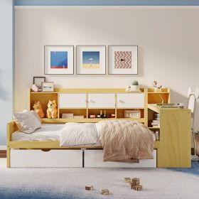 Wooden L-Shape Daybed with Seven Storage Cabinets and Two Storage Drawers, Multi-functional Bed with Study Desk and Built-in Bookshelf, Natural+W