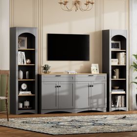 ON-TREND 3-Piece Farmhouse Entertainment Center with Storage Cabinet for TVs Up to 70", Mid-Century TV Stand with Bookshelf (Color: as Pic)