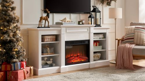 Media Console Table with Large Storage Cabinet, with 23" Fireplace Insert, for TV Up to 70'', Modern TV Media Entertaionment Stand, White (Color: as Pic)