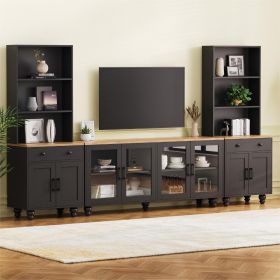 ON-TREND Farmhouse TV Stand with Solid Wood Gourd-Shaped Legs for TVs Up to 70", Entertainment Center with Bookshelves & Tempered Glass Doors (Color: as Pic)
