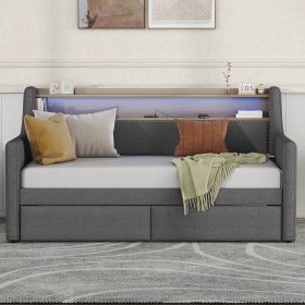 Twin Size Daybed with Storage Drawers, Upholstered Daybed with Charging Station and LED Lights, Gray(Old Item W1580S00034) (Color: as Pic)