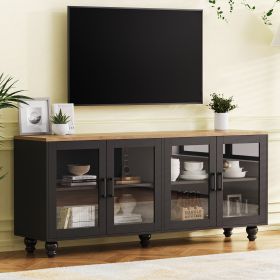 ON-TREND Farmhouse TV Stand with Tempered Glass Doors for TVs Up to 70", Versatile Sideboard with Adjustable Shelves (Color: as Pic)