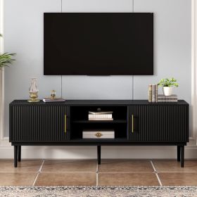 Mirod Stylish TV Stand with Vertical Striped Doors, Space-Saving Sliding Door Design, Sturdy Solid Wood Legs, Versatile as TV Console or Side Cab (Color: as Pic)